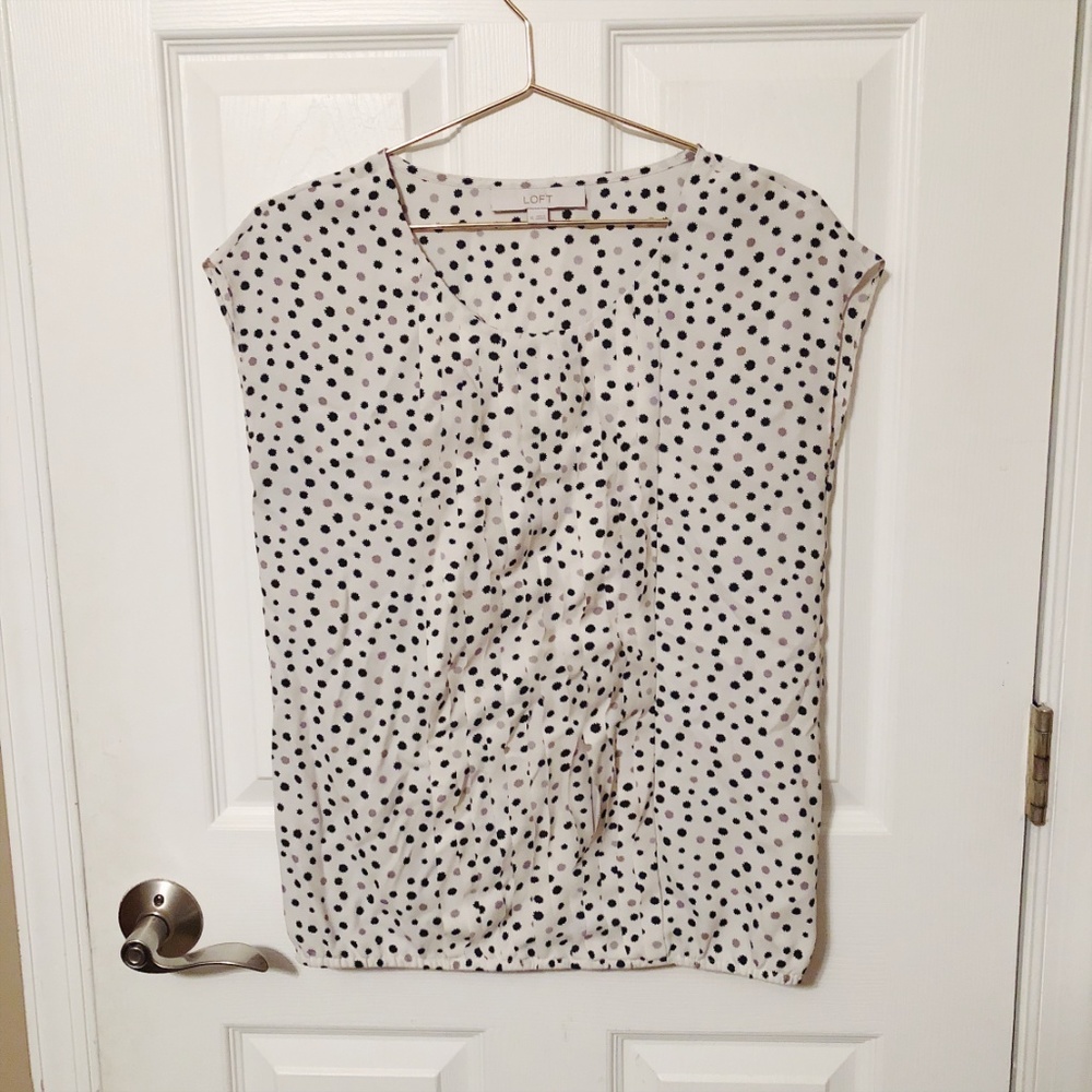 Loft White Starry Ruffle Bubble Hem Work Blouse XS